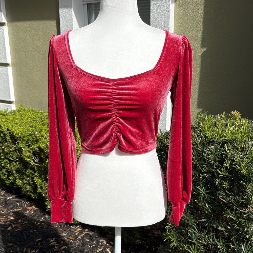 Almost Famous Elegant Red Ruched Velvet Crop Top